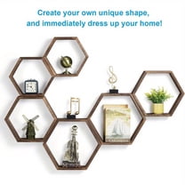 A set of six wall mounted home decor items, including wall mounted hexagonal shelves, wooden storage  wall shelves, Christmas decorations, and placement in the living room, bedroom, and offic