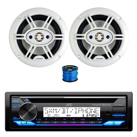 JVC KD-X560BT Marine Bluetooth Digital Media AM/FM Radio Receiver, 2x 6.5" 240 Watt Max 4-Way Marine Outdoor Audio Speakers (White) w/Wire