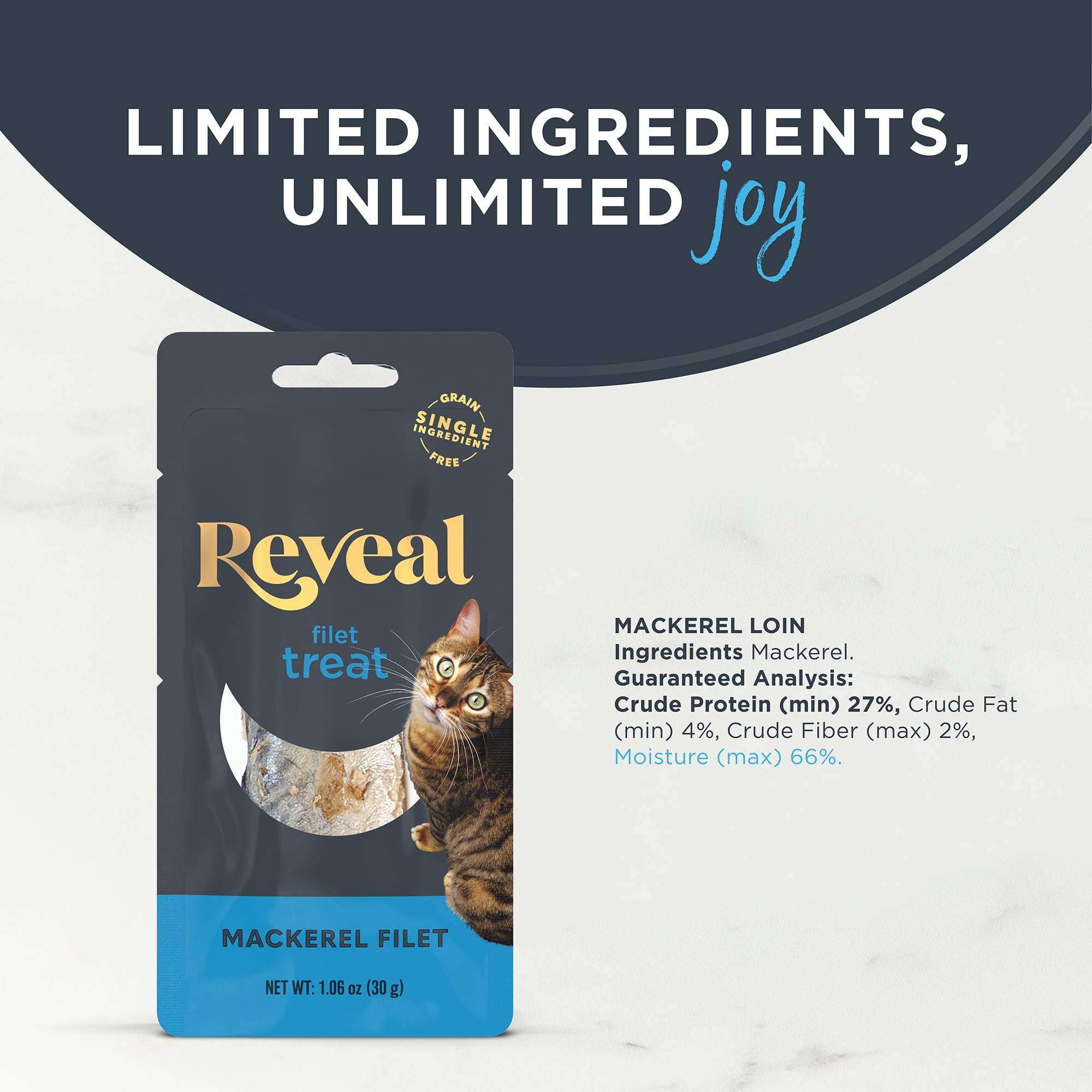 Reveal Pet Food Whole Mackerel Loin Wet Cat Treat, Natural Grain Free Food, 12 Ct 1.06 oz Pouches