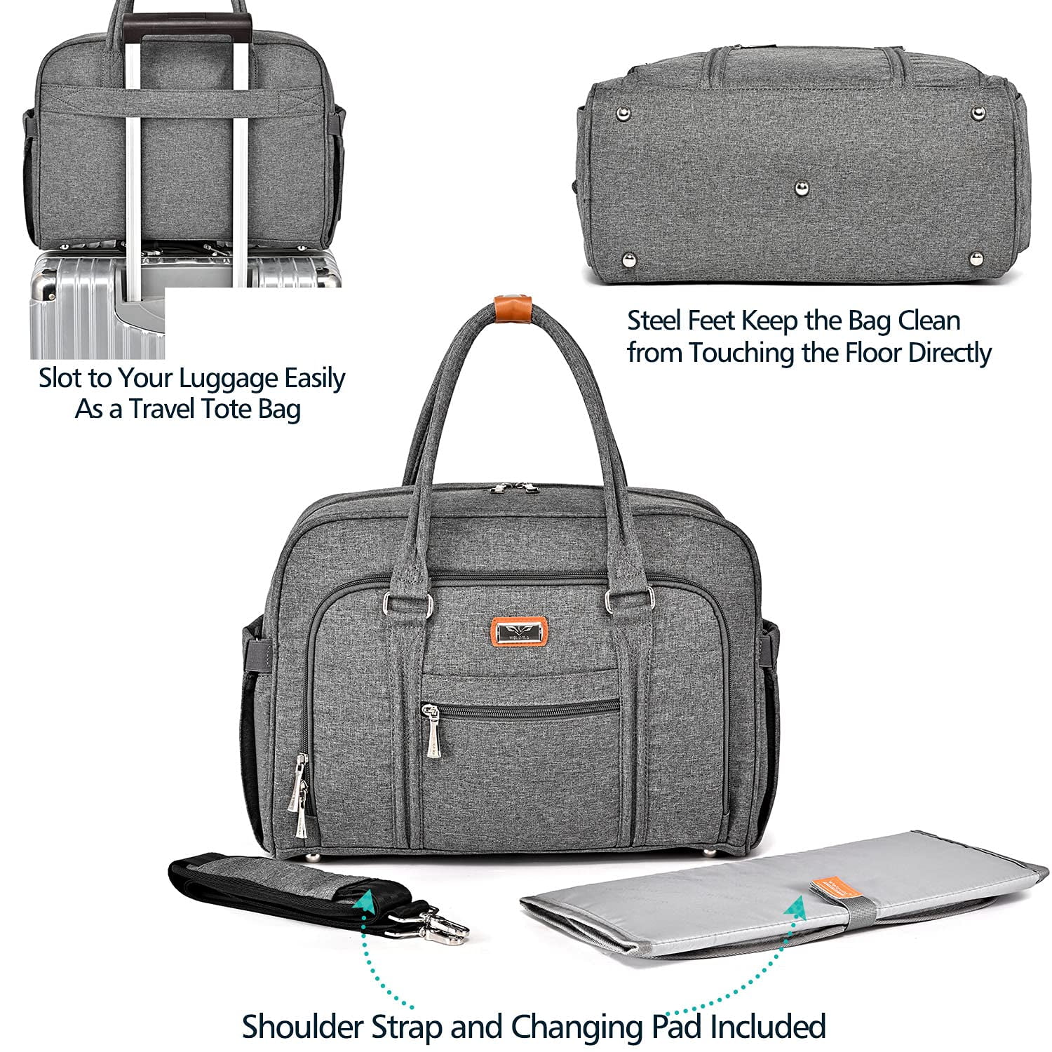 WelaVila Diaper Bag Tote: Stylish Tote Diaper Bags with Changing Pad, Dark Gray, 1 pk