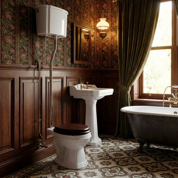 Vintage High Tank Pull Chain Toilet White Elongated Bowl, 74" Chrome L Pipe & Hardwarde Renovators Supply