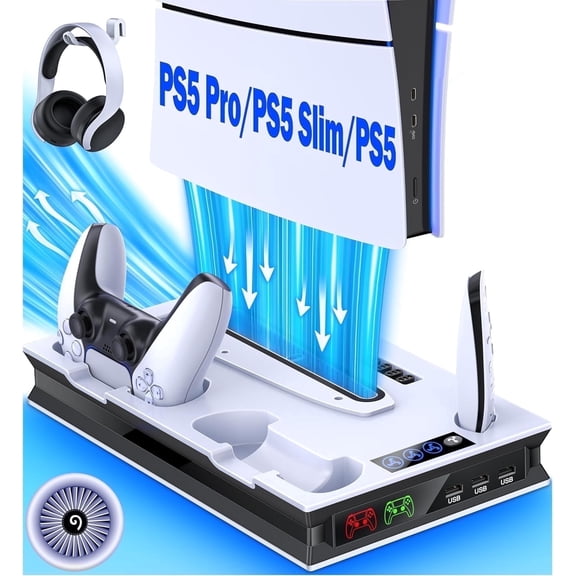 PS5 Stand Cooling Fan for PS5 Slim/Pro with Dual PS5 Controller Charger,ESYWEN PS5 Accessories,PS5 Cooling Station for PlayStation 5 Disc & Digital Editions & PlayStation 5 Accessories-White