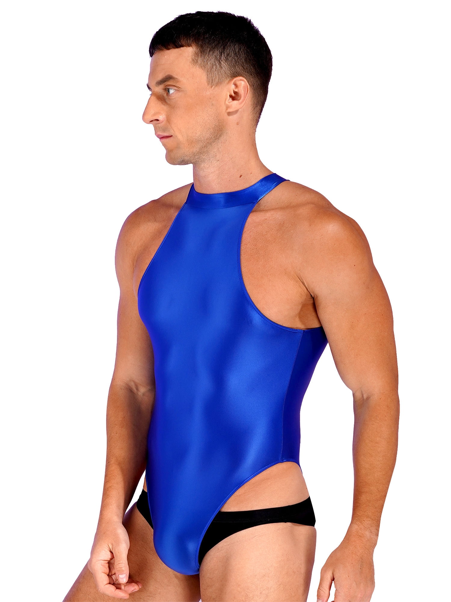 iEFiEL Mens Glossy Zipper Back Bodysuit One Piece Sleeveless Gymnastics  Training Swimming Leotard Blue XL