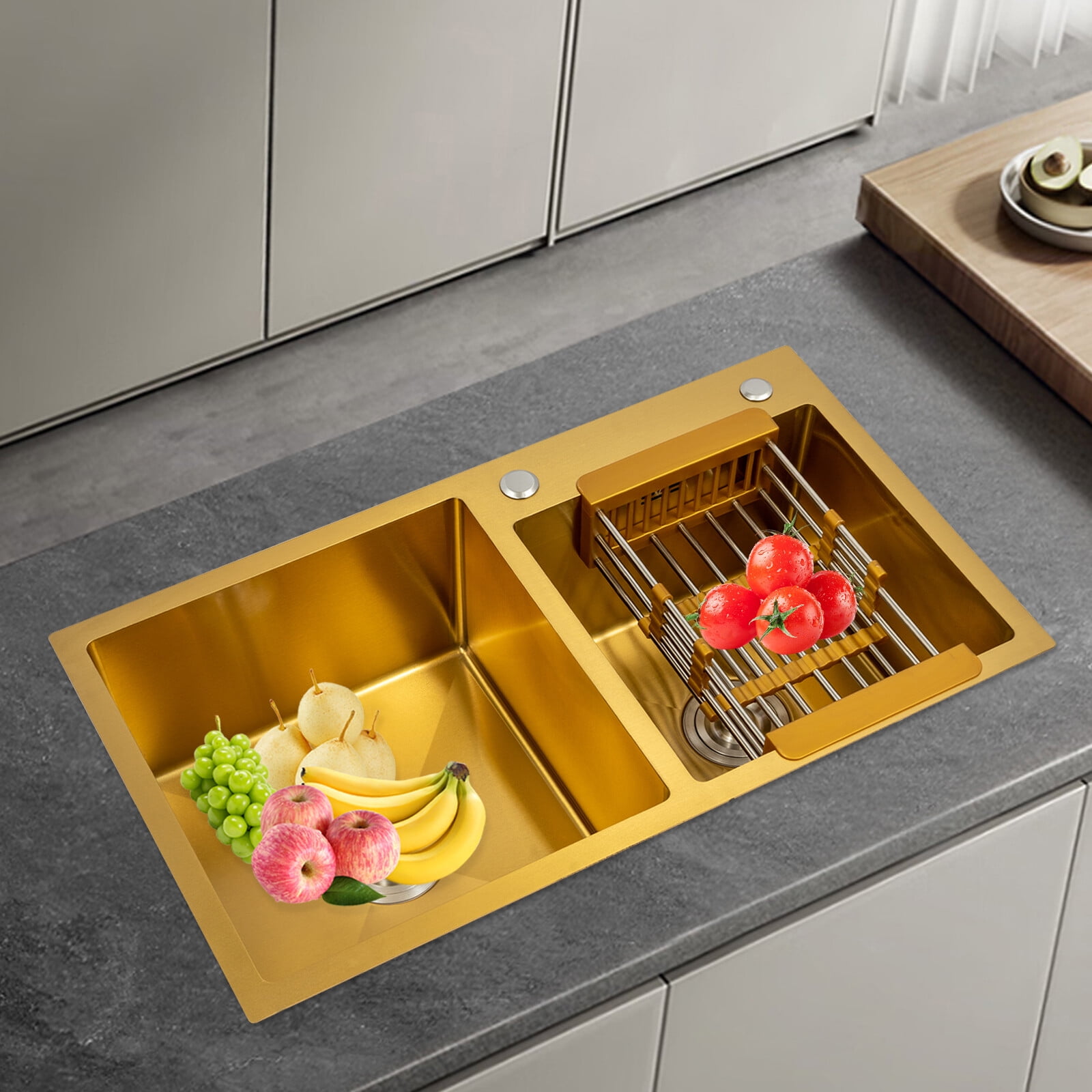 Gold Rectangular Stainless Steel Undermount Kitchen Sink, 80*45 cm Stainless Steel Kitchen Sink 2 Bowls 198.42 lbs Capacity Used in Kitchens, Bathrooms, Restaurants