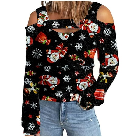 

jsaierl Womens Long Sleeve Shirts Cold Shoulder Strap Christmas Tree Print Tops Workout Casual Fall Blouse Tee Xmas Pullover