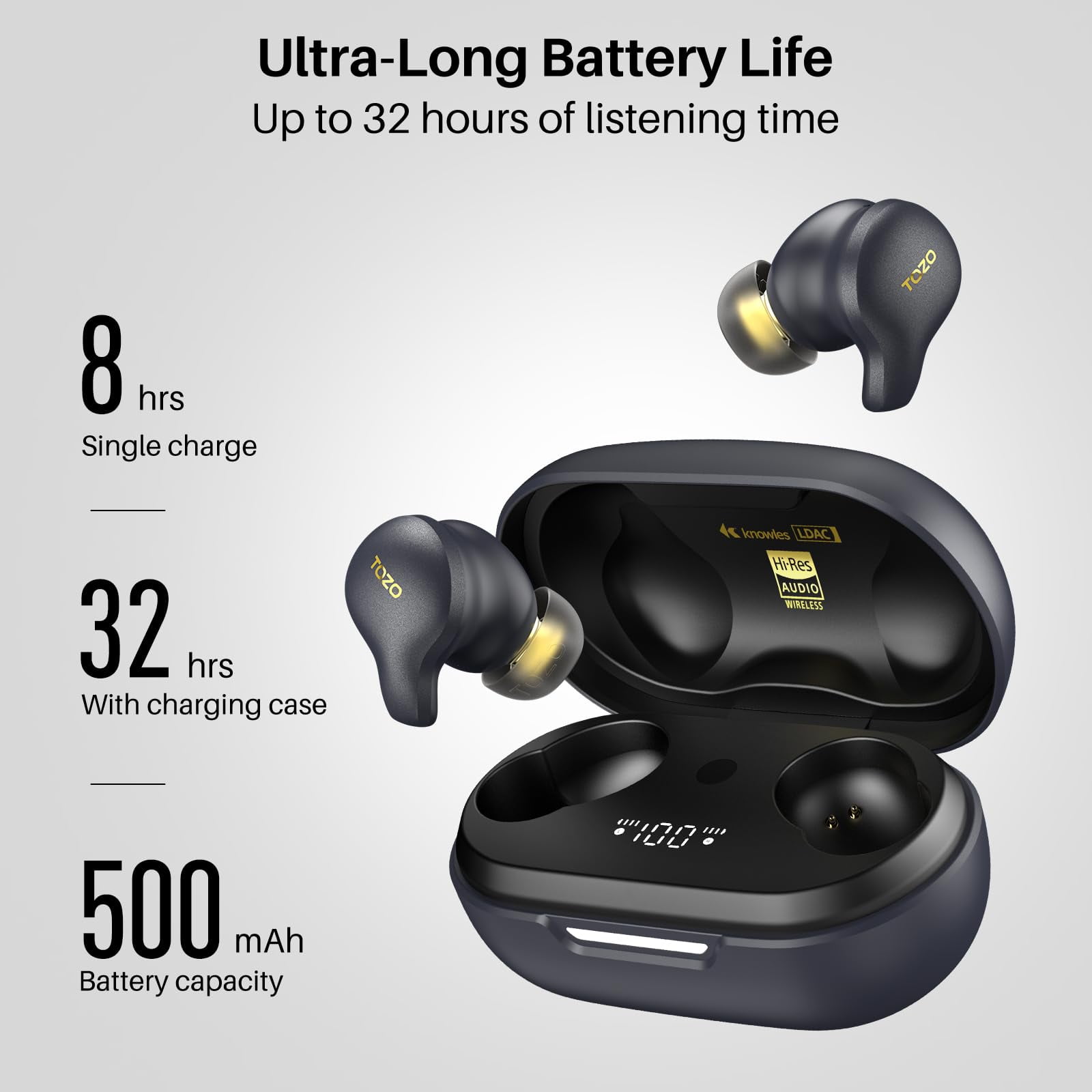 TOZO X1 Hybrid ANC+ENC Noise Cancelling Earbuds, JAS Hi-Res Certified, OrigX Pro+LDAC HD Audio, Balanced Armature+Hybrid Dynamic Driver, APP-32EQ, Wireless Charging, Support HSP HFP A2DP AVRCP, Black