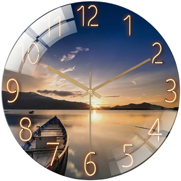Decor Wall Clock:Small Boat at Sunset Stlye Round Glass Wall Clock, Silent Non-Ticking Battery Operated Clock , Home Decor for Living Room, Kitchen, Bedroom And Office., 30*30CM