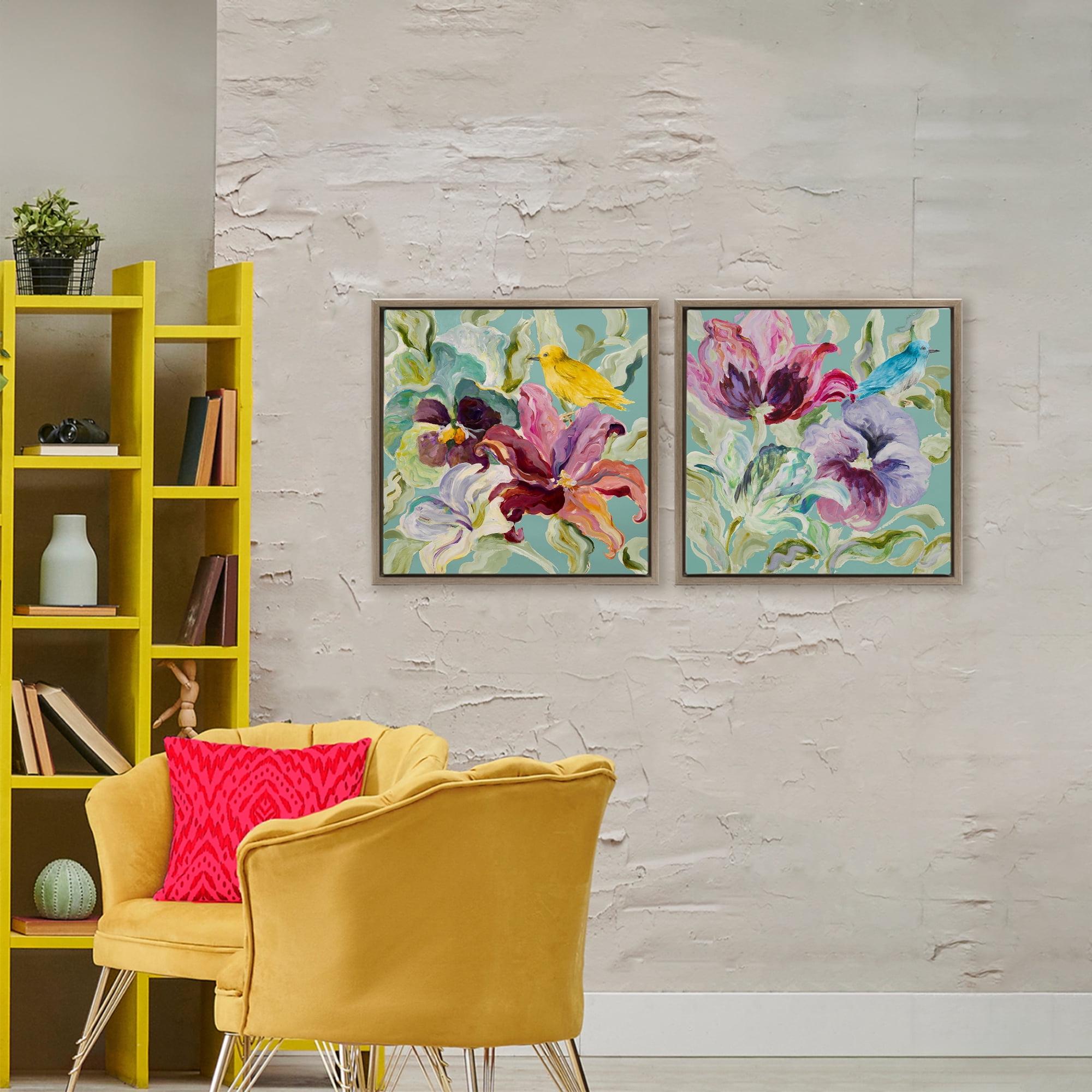 Stupell Industries Lyrical Garden Canaries 2 Piece Brown Framed Floater Canvas Set, design by Lanie Loreth