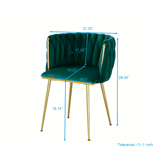 Set of 2 Modern Velvet Dining Chairs with Woven Backrest & Golden Metal Legs – Upholstered Accent Chairs for Dining Room, Kitchen, Living Room, Bedroom, Vanity, Green