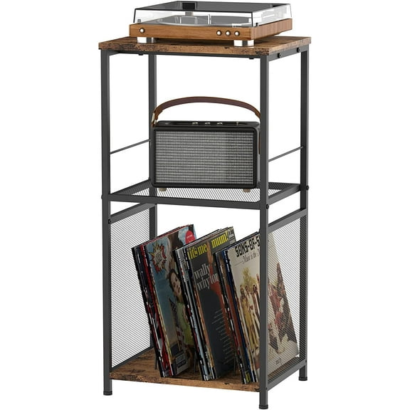 Record Player Stand with Vinyl Record Storage, 3-Tier Brown End Table