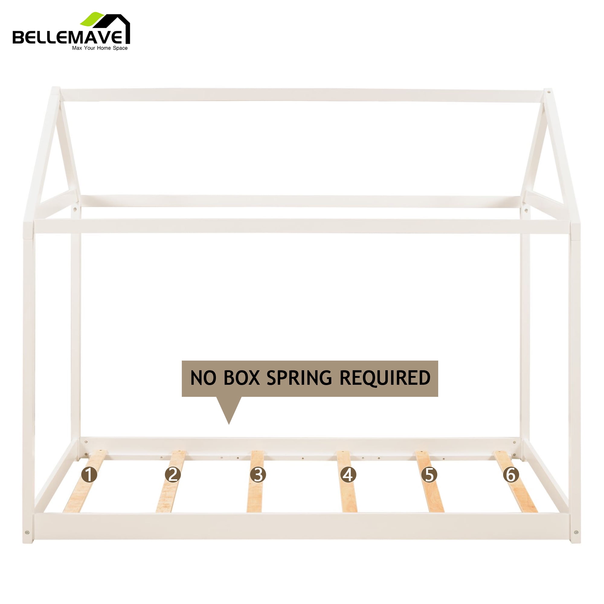 Bellemave Wood Twin Size  House Bed Frame, Montessori Floor Bed, No Box Spring Needed (White)