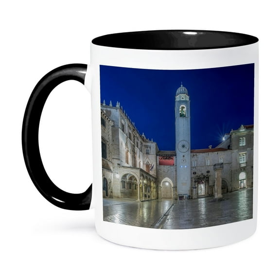 3dRose, Croatia, Dubrovnik, Stradun and Bell Tower at Dawn, 11oz Two-Tone Black Mug