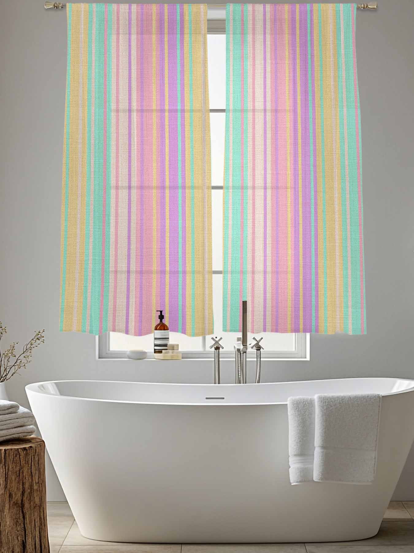 Sheer Curtains 72 Inches Long 2 Panels, Pastel Colors Vertically Striped Rod Pocket Curtain Voile Draperies, Modern Vintage Linen Light Filtering Window Treatment for Living Room Kitchen Bedroom