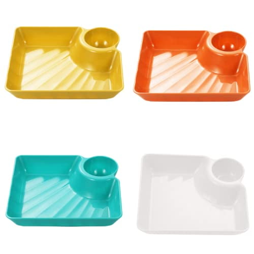 4 platos para dumplings, de plástico con platillo para mojar, con compartimento para salsas, para fiestas, sushi, dumplings y aperitivos (4 colores)
