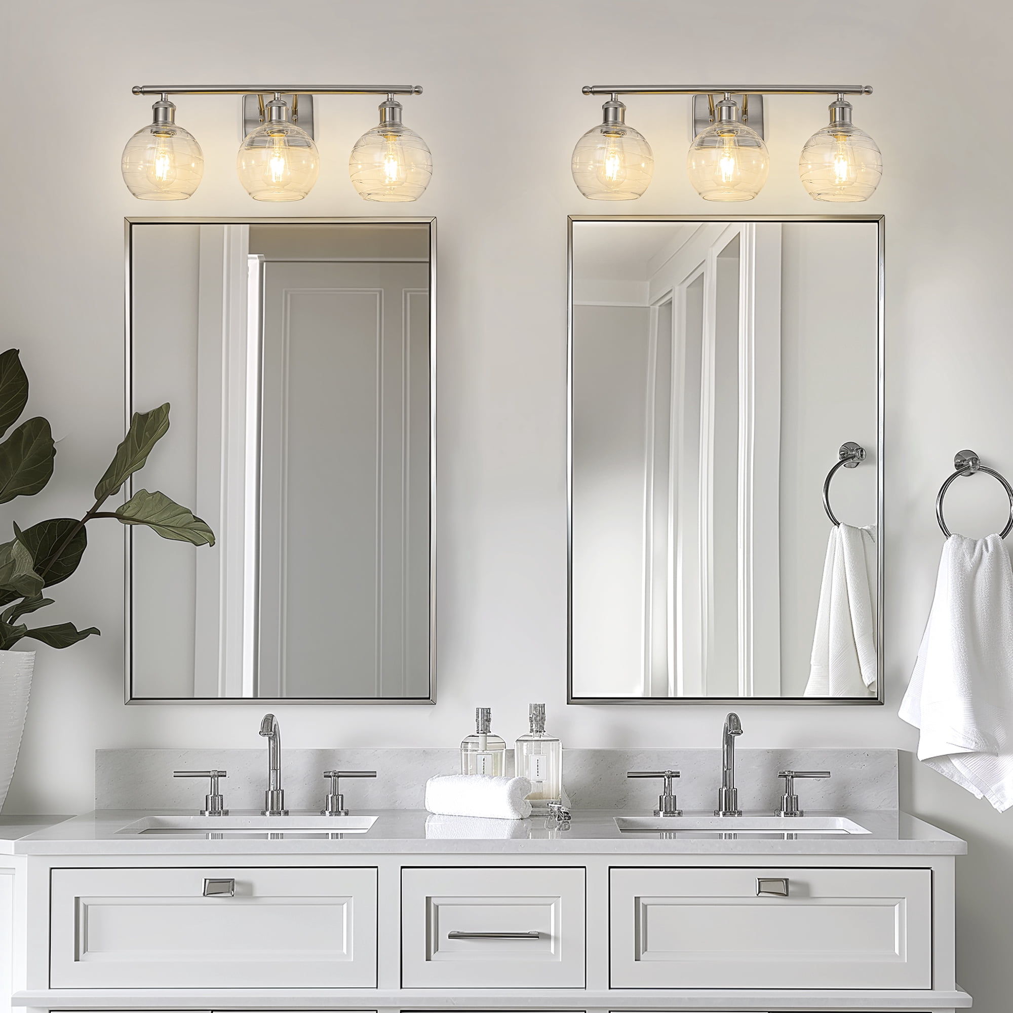 YANSUN 23 in 3-Light Nickel Vanity Light with Clear Glass Globes for Bathroom Mirror, Makeup Vanity, Dressing Room (Bulbs Not Included)