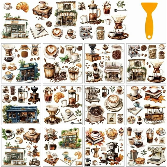 12 Pcs PVC Transfer Stickers 14cm (5.51 inch) Square Coffee Drinking Theme Window Transfer Sticker Set for Walls Windows Home Decor Scrapbooking Sticker Supplies Multi-color