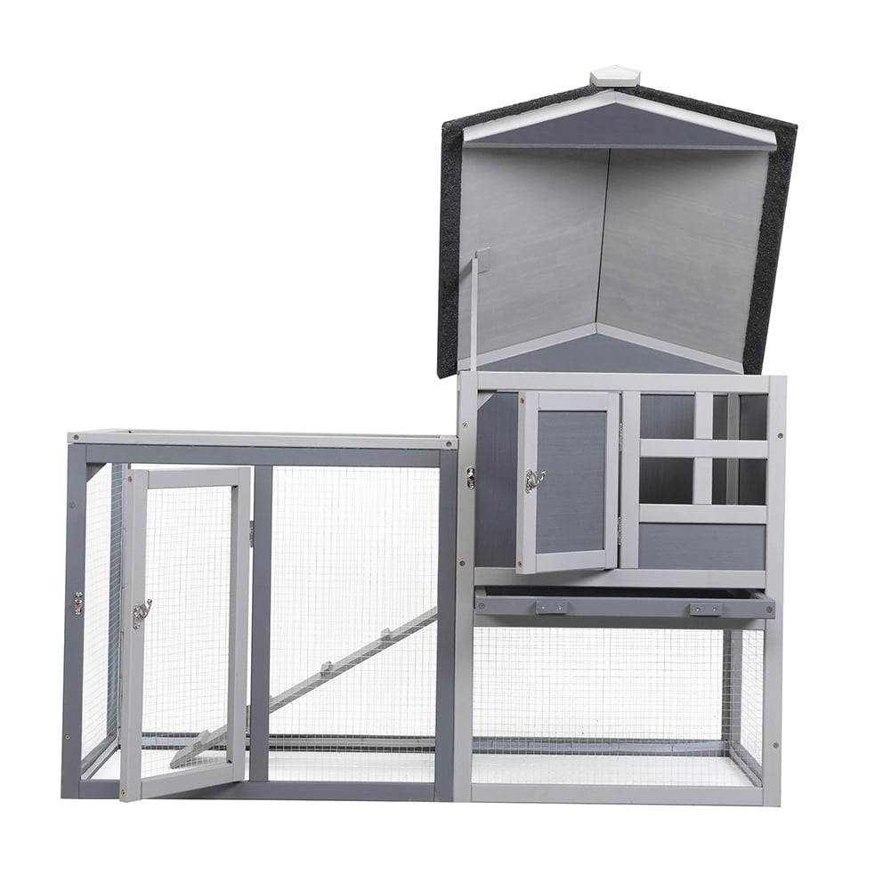 Kepooman 2 Tier Wooden Rabbit Cage, Chicken Coop, Small Animal Pet House, Flip Top Rabbit Cage, Gray