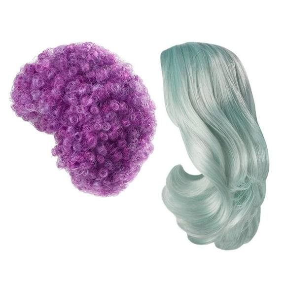 Creatable World, 2-Pack Wig Set H-208, Ice Blue Wavy Hair and Purple Curly Hair