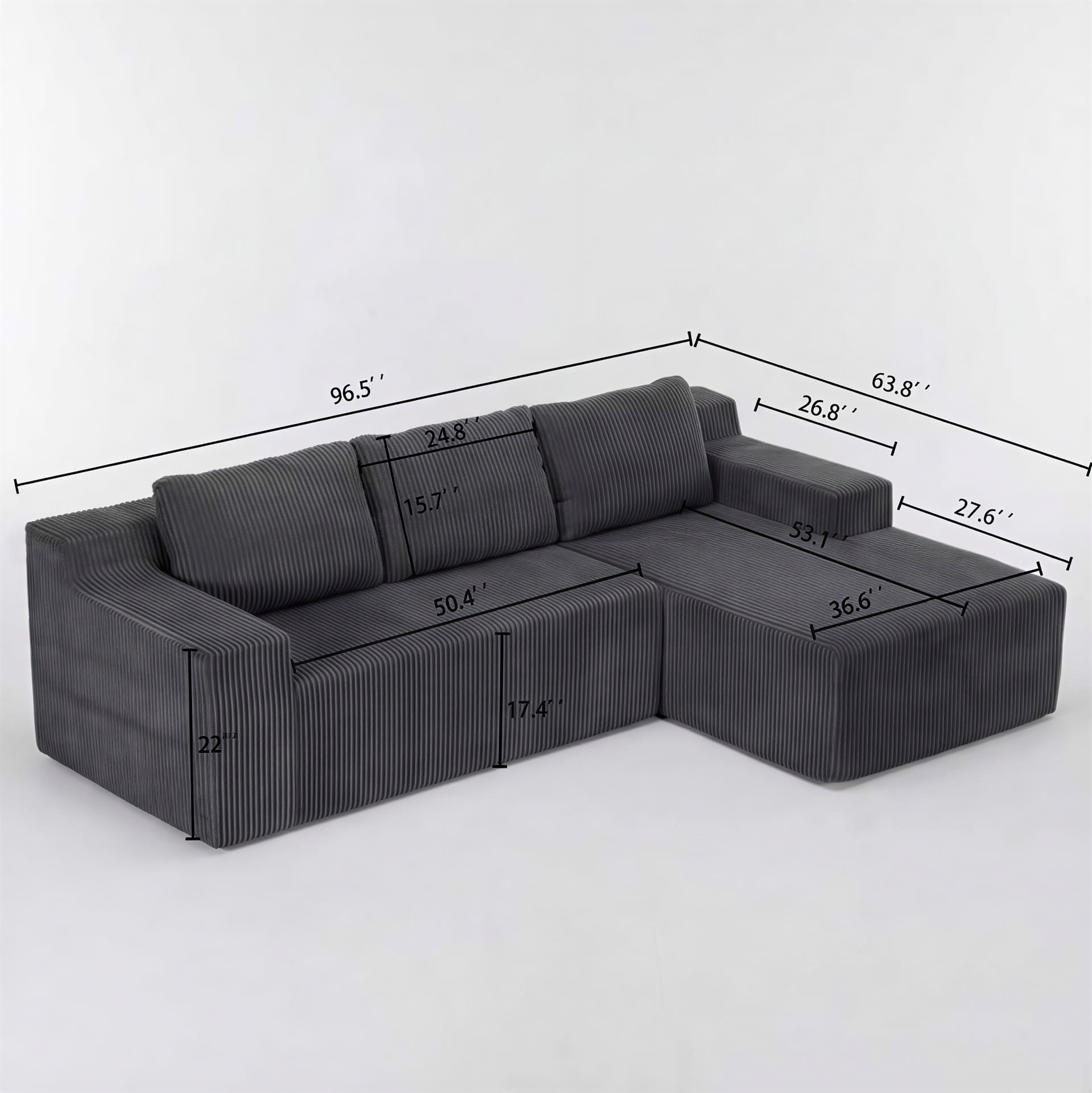 Plush Corduroy Modular L-Shaped Sectional Sofa with Foam-Filled Cushions, Luxury Floor Couch for Living Room and Bedroom, Dark Gray