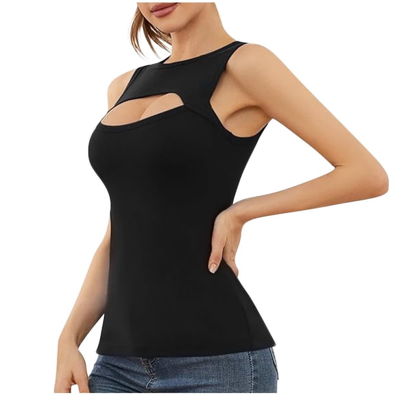 Workout Tops For Women Sevevn Women's Cutout Sleeveless Tank Top Form-Fitting Crew Neck Cami Black S