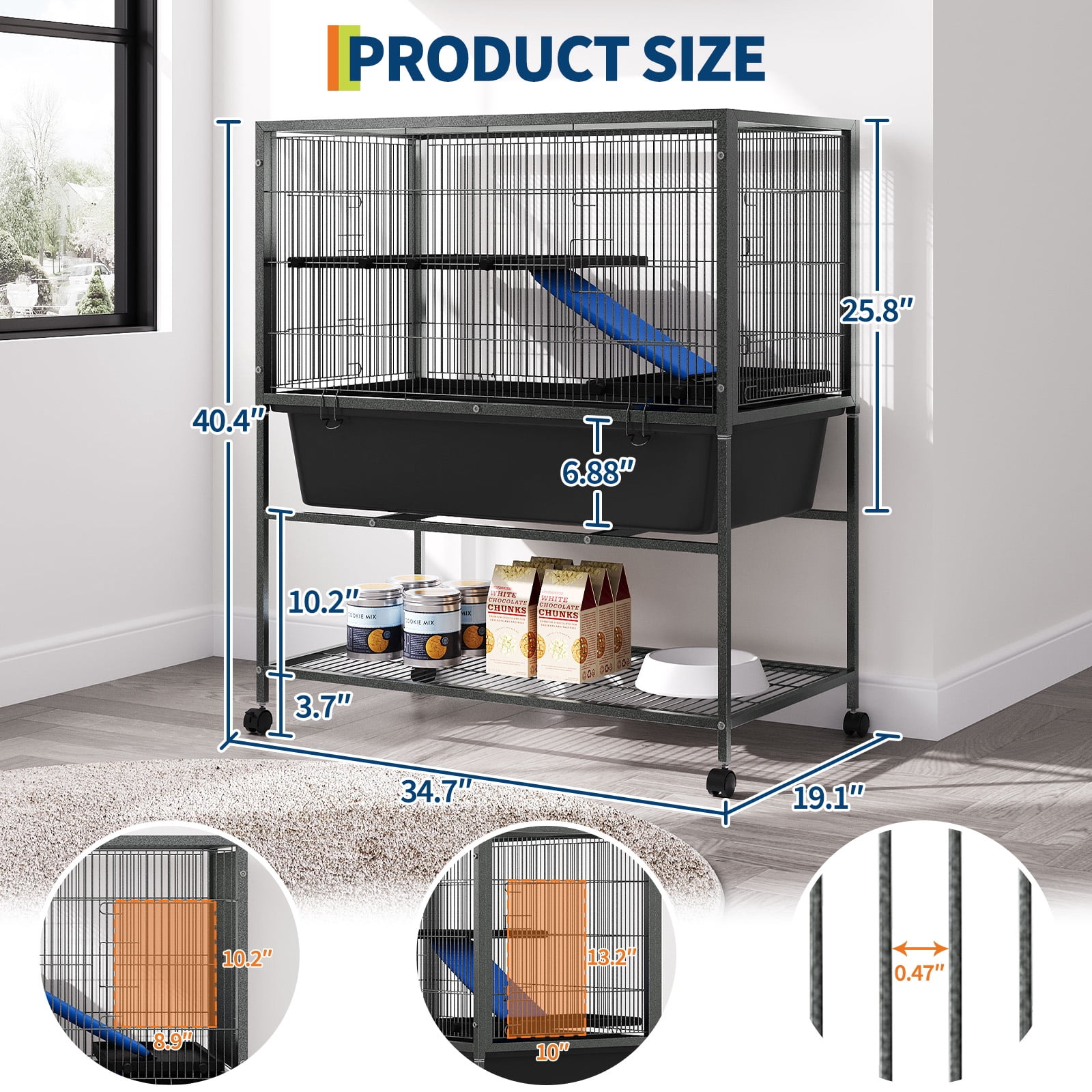 40.4" Large Ferret Nation Cage - with 3 Removable Platforms, Deep Tray & Storage Shelf, Metal Small Animal Cage on Wheels for Chinchillas, Rabbits, Guinea Pigs & Sugar Gliders