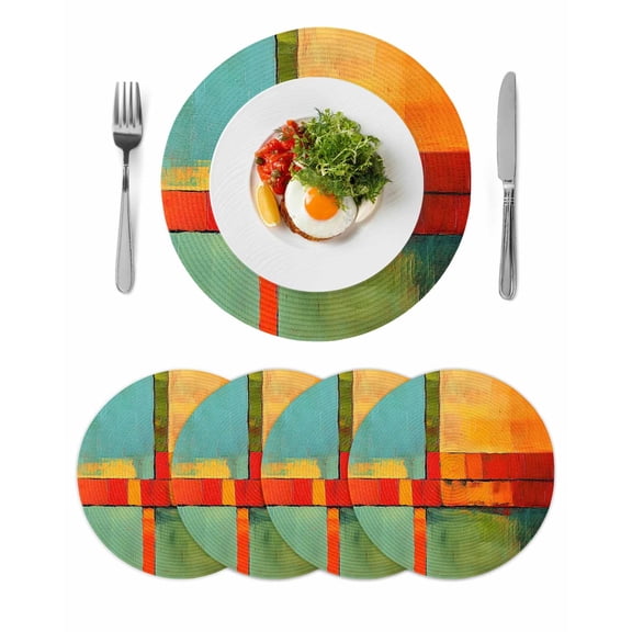 Teal Orange Geometric Round Placemats Set of 4 for Dinning Tables,Heat-proof Braided Table Mats 13 Inch,Contemporary Oil Painting Art Washable Place Mat for Kitchen Restaurant Party Table Decor
