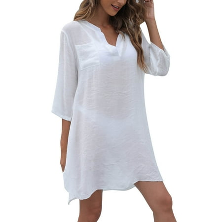 MSJUHEG Swimsuit Coverup for Women Long Swimsuit Coverup for Women Beach Cover Up Boho Swimsuits for Women Mesh Cover Up Women Deep V Neck Beach Shirt Cover Up With Sexy Lace Up Front White S