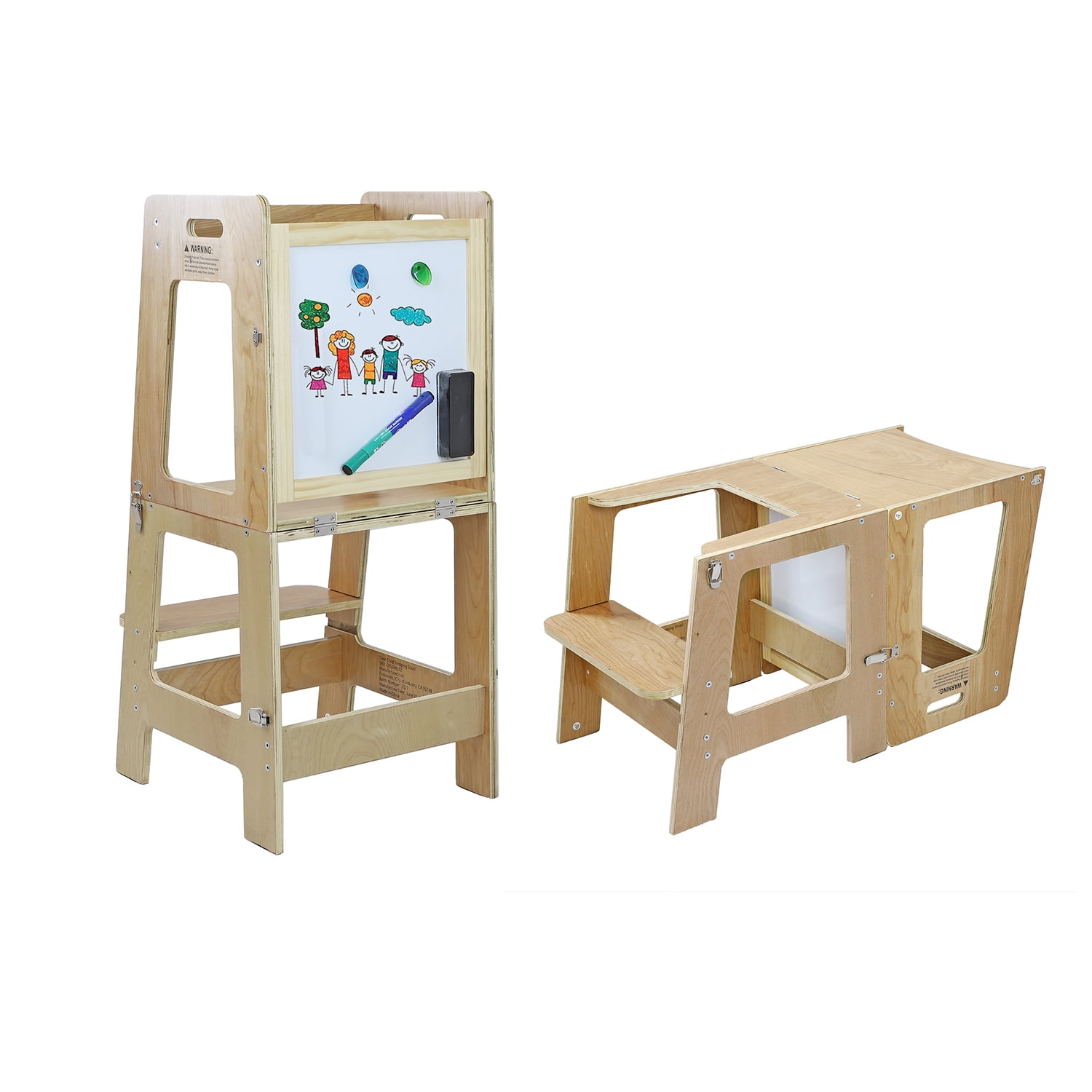 Adjustable Height Wooden Step-Stool for Children with Blackboard Learning Tower Kitchen Helper for 1-5 Years
