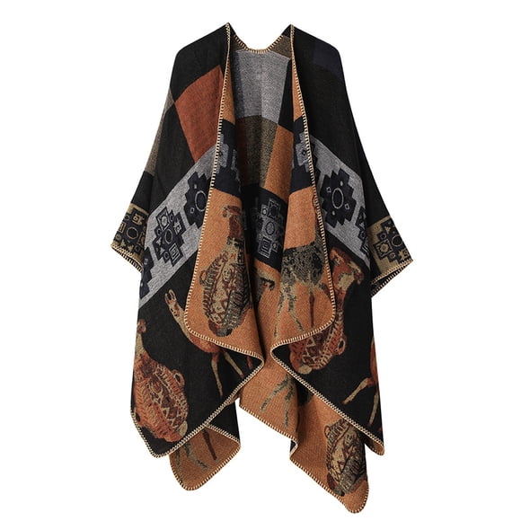 Xiao Hua Chales para mujer, ponchos abiertos, suéteres extragrandes, cárdigans casuales, chales para otoño e invierno, estilo retro, negro y naranja.