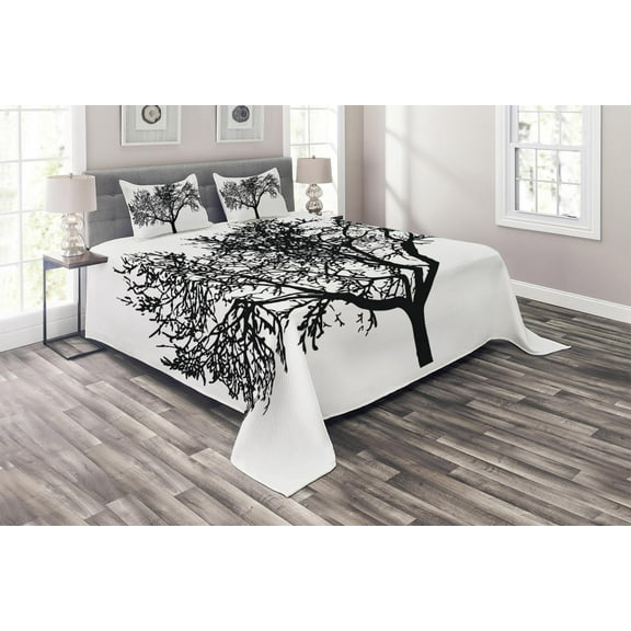 Ambesonne Tree Quilted Coverlet 3 Pcs, Bare Branches Silhouette Art, King Size, Charcoal Grey White