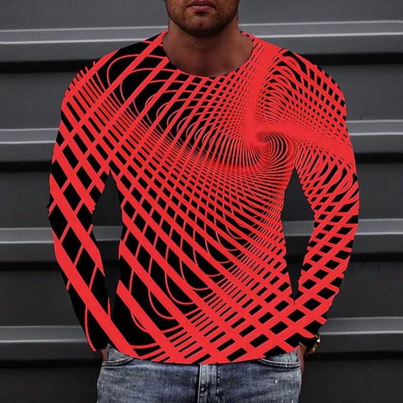T Shirts Mens Art Meat 3D Digital Printing Long-Sleeved Men's Pullover Tops Casual Lightweight Active Athletic Tops for Walking, Workout & Running Red XL