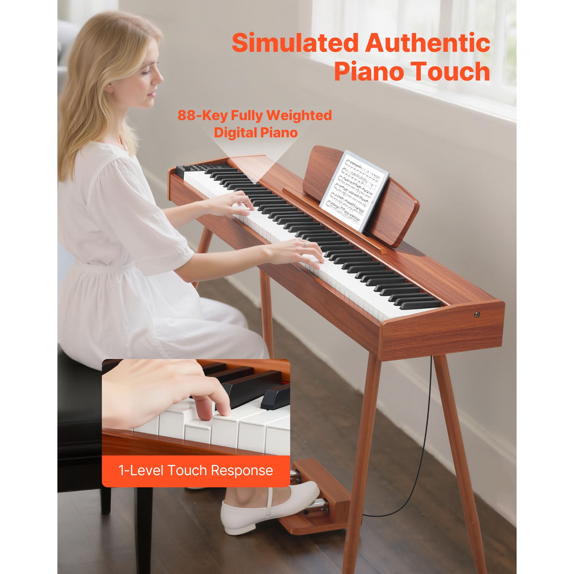 KFFKFF 88-Key Fully Weighted Digital Piano, Electric Keyboard with Music Stand, Triple Pedal, Power Adapter, 280 Tones, Wireless Connectivity, Ideal for Beginners, Wooden Finish