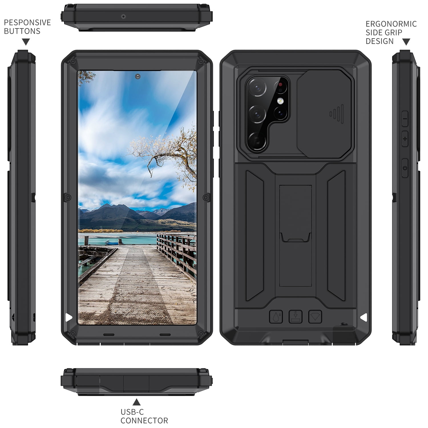 Case for Samsung Galaxy S23 Ultra,Decase Military Grade Shockproof Phone Case Built-in Front Screen Protector Heavy Duty Slide Camera Cover Magnetic Full Body Protective Stand Case - Black