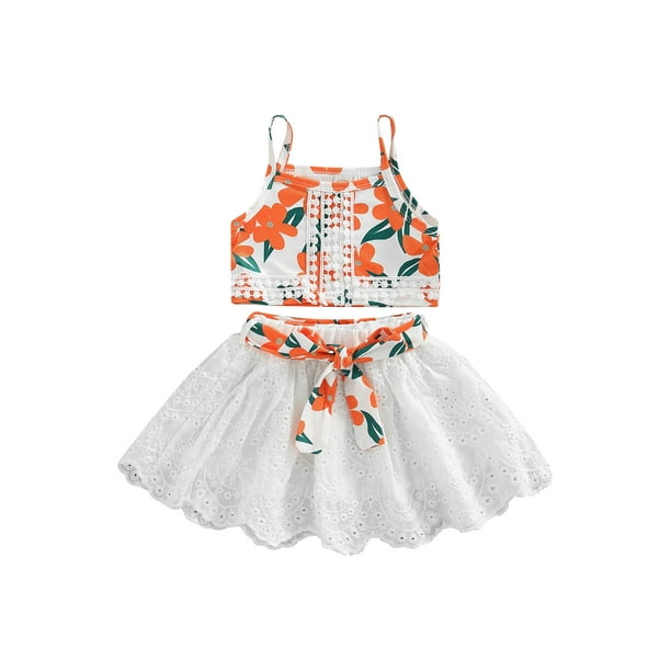SAYOO Conjunto de Falda Infantil de 2 Piezas, Camisola de Patchwork con Tirantes de Espagueti con Estampado Floral para Niñas Bebés + Falda de Color Sólido Ahuecada con Cinturón SAYOO Moda