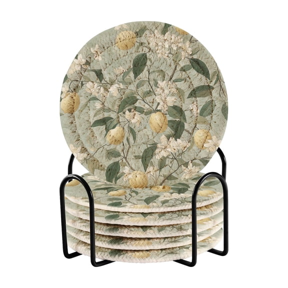 Qxltty Fresh Lemon Tree Drink Coasters with Holder 6pcs Handmade Woven Simple Vintage Saucer Set