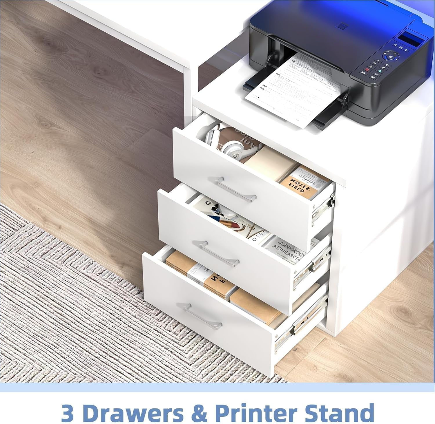 DreamCurship 67 inch White Desk with Monitor Stand, Computer Desk with Adjustable LED Light, Reversible Home Office Desk with 3 Storage Drawers, White