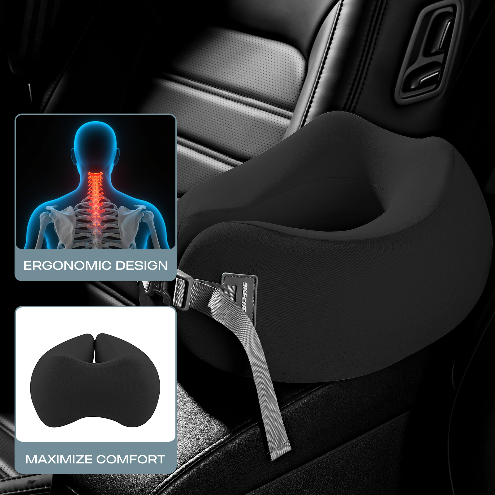 Skechers Memory Foam Car U-Shaped Neck Pillow,Ergonomic Support,Breathable Mesh,Removable Cover,for Car,Office,and Travel Black