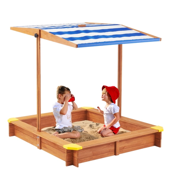 D-road Wooden Kid's Sandbox with Cover, Sandpit W/ Adjustable Canopy for Backyard Garden Play, Gift for 3 Years Old Boys/Girls, Brown