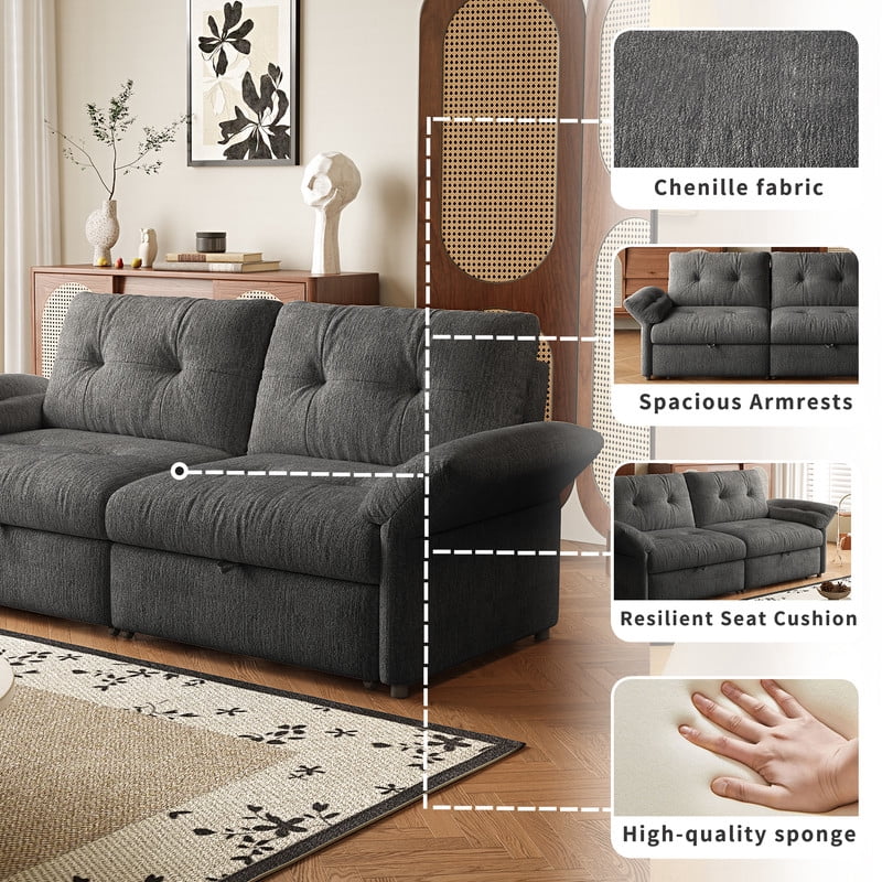 81.5" Convertible Sofa Bed, 2-in-1 Sleeper Sofa with Plush Chenille Fabric, High-Resilience Foam, Solid Wood Frame, Chenille Sofa Couch for Living Room, Guest Room, Apartment