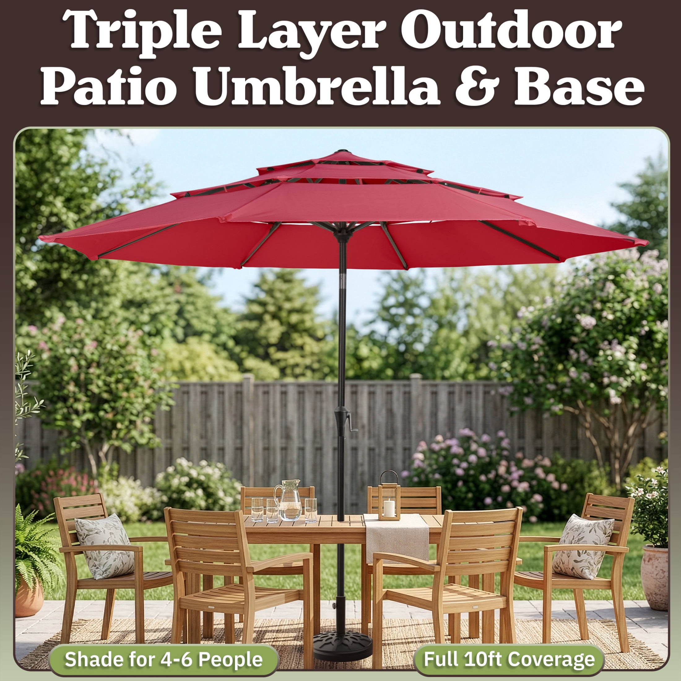 Pure Garden 10ft 3-Tier Umbrella for Patio Shade Canopy with 19lb Base, Maroon Red