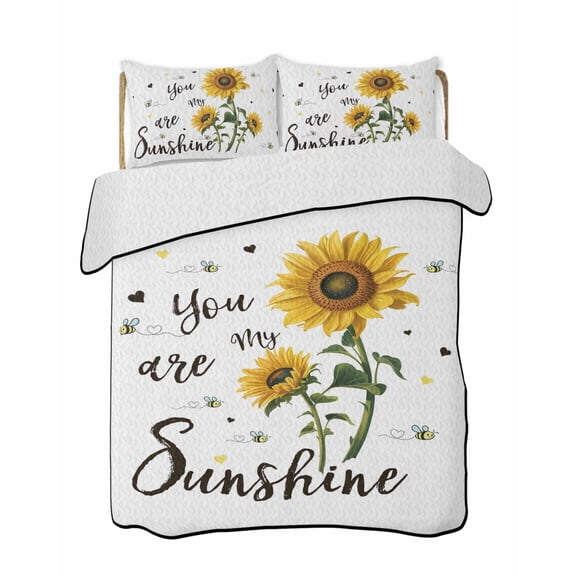 You Are My Sunshine Quilts Bedding Set Full Size Vintage Country Yellow Sunflower Floral Bees Heart Lightweight Quilted Bedspread 3 Piece Bed Quilt with 2 Pillow Shams for Bedroom 68" x 98"