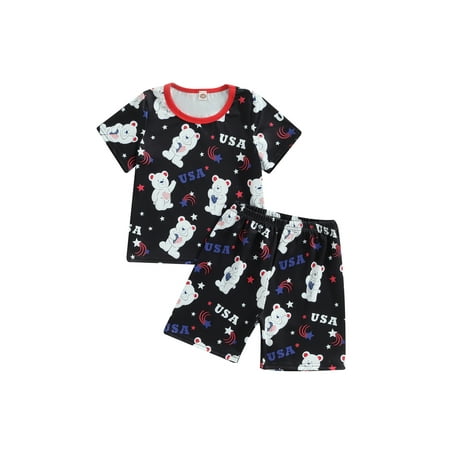 

Jkerther Kids 2Pcs Fourth of July Outfits Short Sleeve Crew Neck Bear Print Tops + Shorts Set