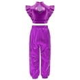 thumbnail image 4 of Haitryli Kids Girls Sparkly Metallic Hip-Hop Jazz Dance Outfit Mesh Patchwork Crop Top and Cargo Pants Set Purple 12, 4 of 6