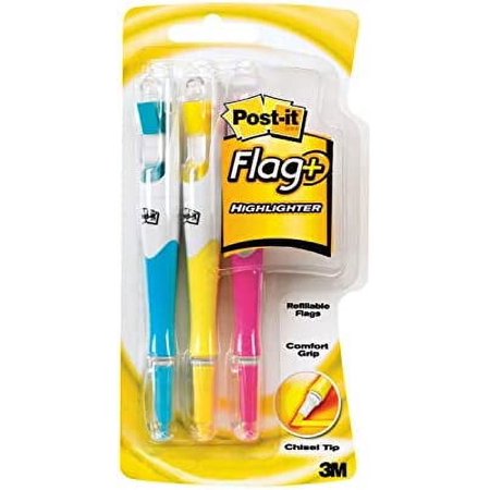 Post-it 70071178217 Flag+ Highlighter, Yellow, Pink, and Blue, 50-Color Coordinated Flags/Highlighter, 3-Pack