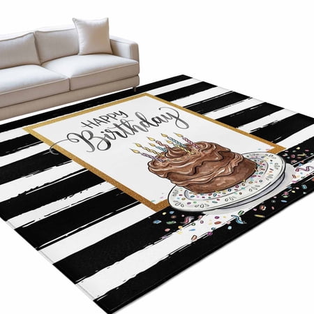 Happy Birthday 5x8ft Non Slip Area Rug Watercolor Cake Colored Candle Candy Black Stripes Washable Soft Area Rugs for Living Room Indoor Circle Carpet for Bedroom Dining Room Kitchen
