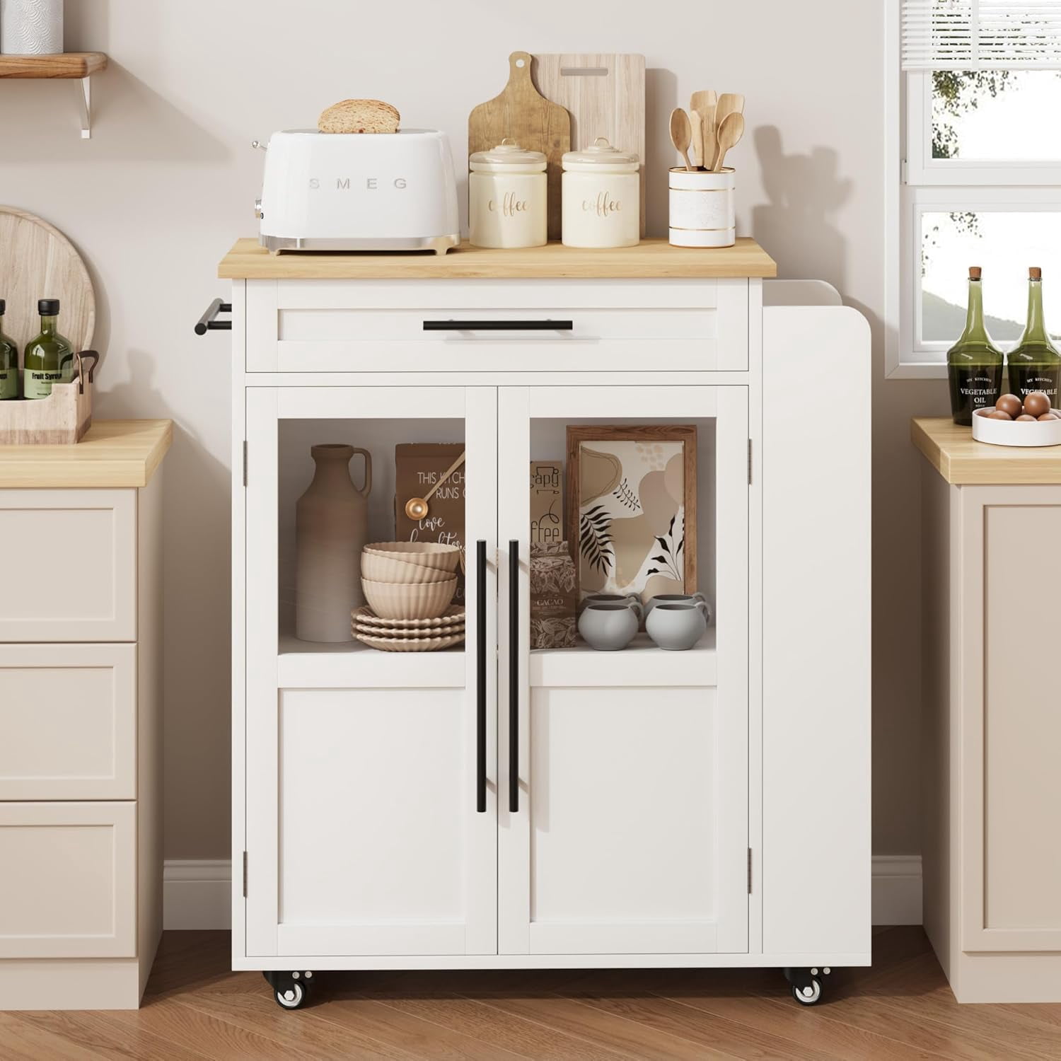 Rolling Kitchen Island with Drawer Mobile Wooden Cart with Storage Cabinet & 3-Tier Spice Rack, Thick Solid Wood Top Trolley 48" Farmhouse Coffee Bar Station with Glass Door Cabinet Spice Rack & Towel