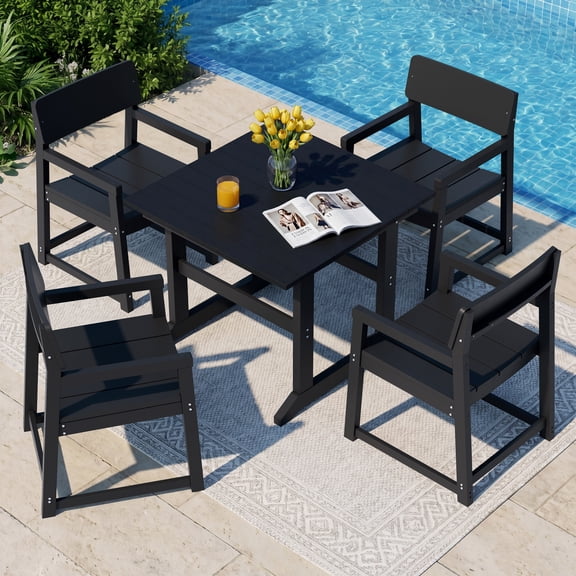 Walsunny 5-Piece Polywood Outdoor Dining Furniture，All-Weather HDPE Patio Furniture Set,Square Patio Table and Chairs,Black