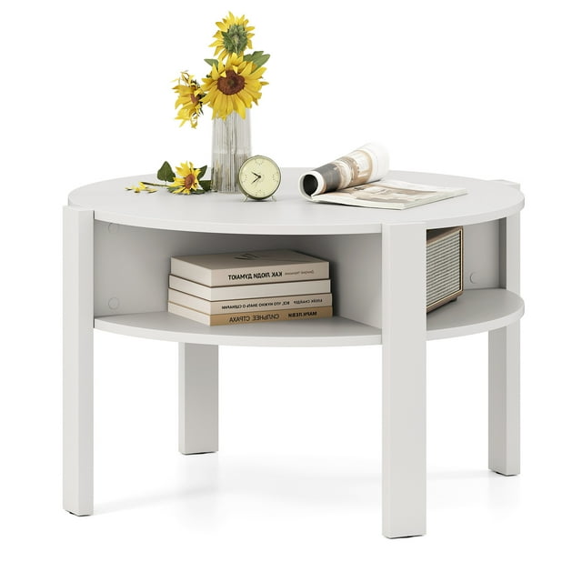 Gymax 29.5'' 2-Tier Round Coffee Table w/ Storage 4 Shelves Faux Wooden Top