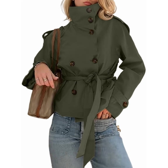 Women'S Trench Double Breasted Short Jacket High Collar Fall Winter Coats Trendy Outfit with Belt Green S