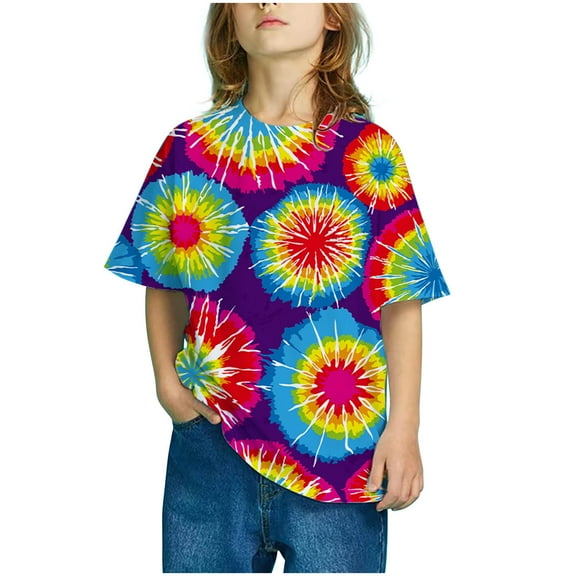 Lilgiuy Girls Short Sleeve Gradient Print Tops Child Crewneck Summer Casual Loose Tshirt,Multicolor,6 Years